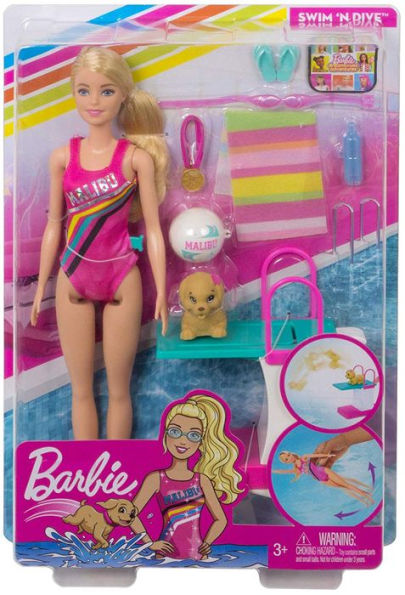 Barbie Dreamhouse Adventures Swim'n Dive Doll, 11.5-inch in Swimwear, with  Diving Board and Puppy by Mattel