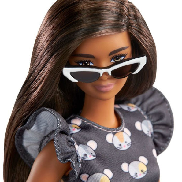 Barbie Fashionistas Doll #140 with Long Brunette Hair & Mouse-Print Dress