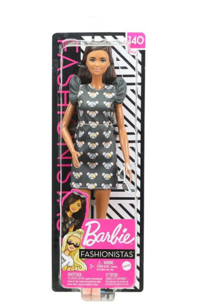 Barbie Fashionistas Doll #140 with Long Brunette Hair & Mouse-Print Dress