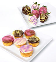 Title: 12 pc. Pastel Belgian Chocolate Covered Strawberries & Mini-Cheesecakes Assortment