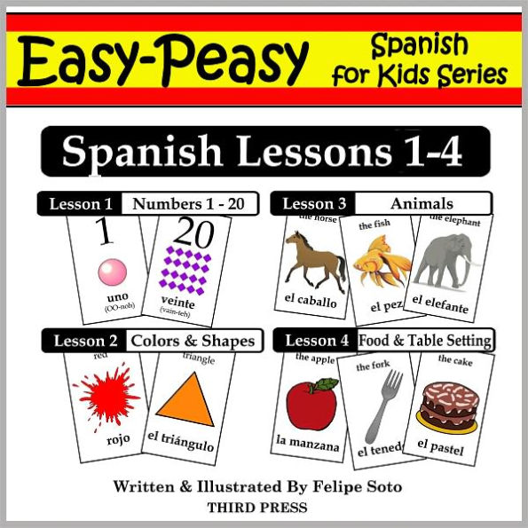 Spanish Lessons 1-4: Numbers, Colors/Shapes, Animals & Food (Learn Spanish Flash Cards)