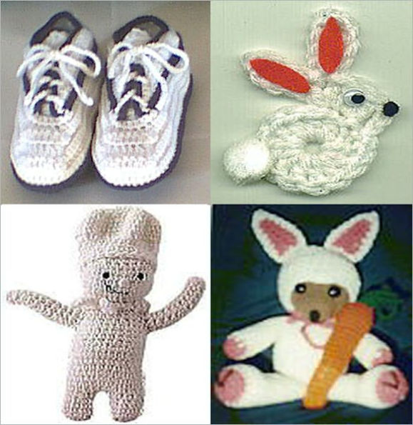 32 Crochet Patterns - BASKETWEAVE AFGHAN, BEAR IN BUNNY CLOTHES, BUNNY MAGNET, BUTTERFLY, CARDINAL, CHAIN STITCH FLOWER, CIRCLE FRIDGIE, CLOTHESPIN BAG, BLUEBIRD, FAN, FLOWER, HAT, RIBBON WREATH, THREAD HEART, EASTER EGGS, GOLDEN BELL, and many more!