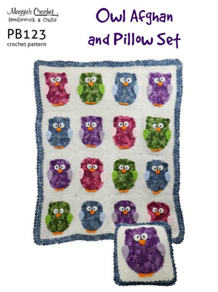PB123-R Owl Afghan and Pillow Set Crochet Pattern