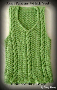 Title: Aran Pullover V-Neck Vest Moss and Cable Design, Author: Tracy Zhang
