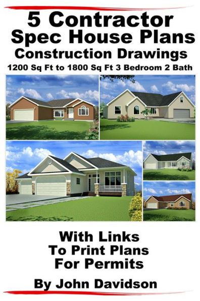 5 Contractor Spec House Plans Blueprints Construction Drawings 1200 Sq Ft to 1800 Sq Ft 3 Bedroom 2 Bath