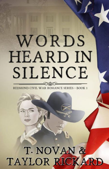 Cover for Words Heard in Silence. Two figures stand facing each otehr against a background of a mansion and the USA flag.