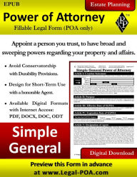 Title: Simple General Power of Attorney - POA Version: Fillable Legal Form ( POA Only ), Author: Paul Paquette