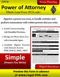 Title: Simple Power of Attorney - POA Version: Fillable Legal Form ( POA Only ), Author: Paul Paquette