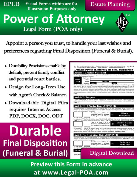 Durable Power of Attorney for Final Disposition - POA Version: Legal Form ( POA Only )