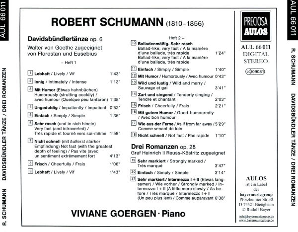 Schumann: Davidsbundler Tanze, Op. 6; Drei Romanzen, Op. 28