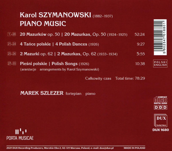 Szymanowski: 20 Mazurkas, Op. 50; 2 Mazurkas, Op. 62; Polish Songs; 4 Polish Dances