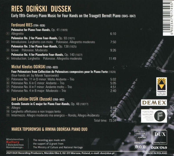 Ries, Oginski, Dussek: Early 19th-Century Piano Music for Four Hands on the Traugott Berndt Piano