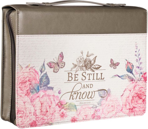 Be Still And Know Psalm 46:10 Pink Rose Butterfly Faux Leather Bible Cover, XL