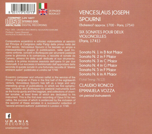 Venceslaus Joseph Spourni: Six Sonatas for Two Cellos