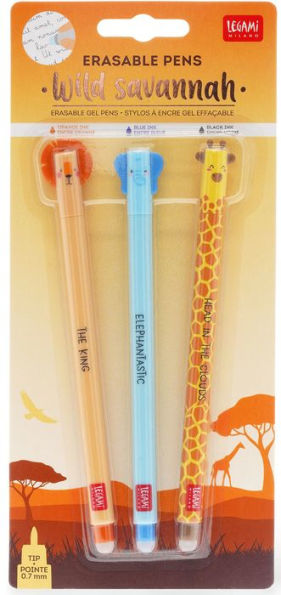 Legami Set Of 3 Erasable Gel Pens - Wild Savannah - Lion + Elephant + Giraffe