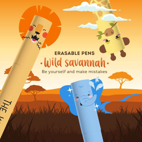 Legami Set Of 3 Erasable Gel Pens - Wild Savannah - Lion + Elephant + Giraffe