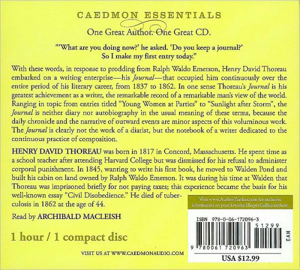 Essential Thoreau CD: Excerpts From the Journal of Henry David Thoreau