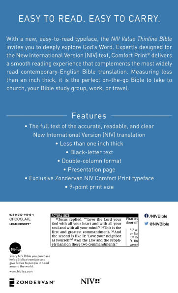 NIV, Value Thinline Bible, Leathersoft, Brown, Comfort Print