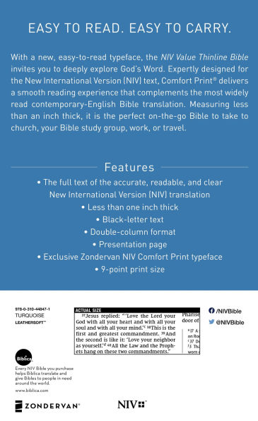 NIV, Value Thinline Bible, Leathersoft, Teal, Comfort Print