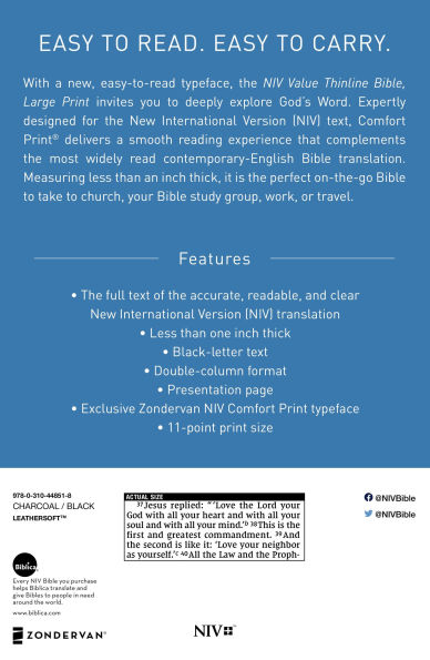 NIV, Value Thinline Bible, Large Print, Leathersoft, Gray/Black, Comfort Print