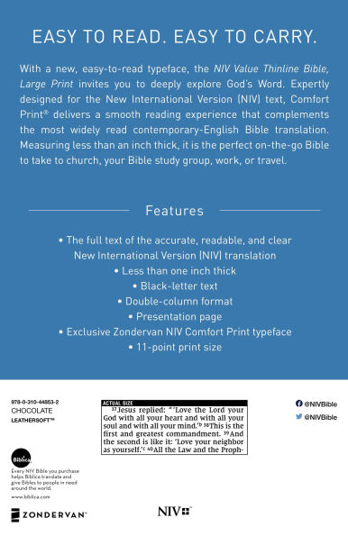 NIV, Value Thinline Bible, Large Print, Leathersoft, Brown, Comfort Print