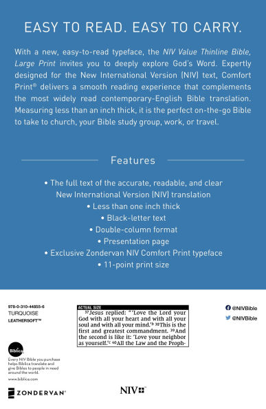 NIV, Value Thinline Bible, Large Print, Leathersoft, Teal, Comfort Print