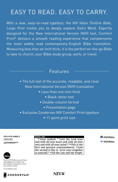 NIV, Value Thinline Bible, Large Print, Leathersoft, Pink, Comfort Print