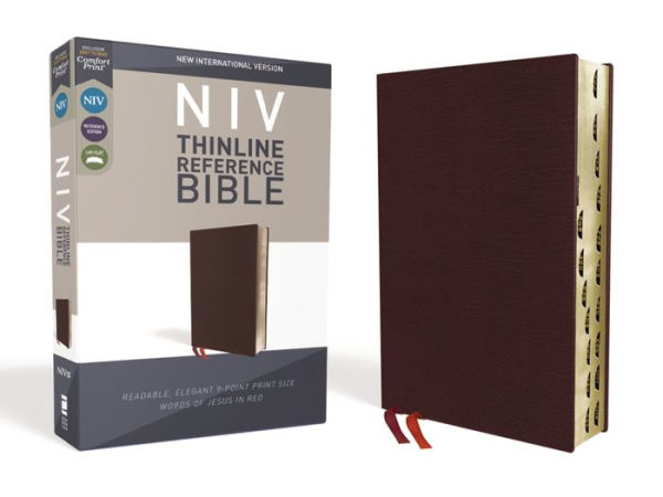 NIV, Thinline Reference Bible (Deep Study at a Portable Size), Bonded Leather, Burgundy, Red Letter, Thumb Indexed, Comfort Print
