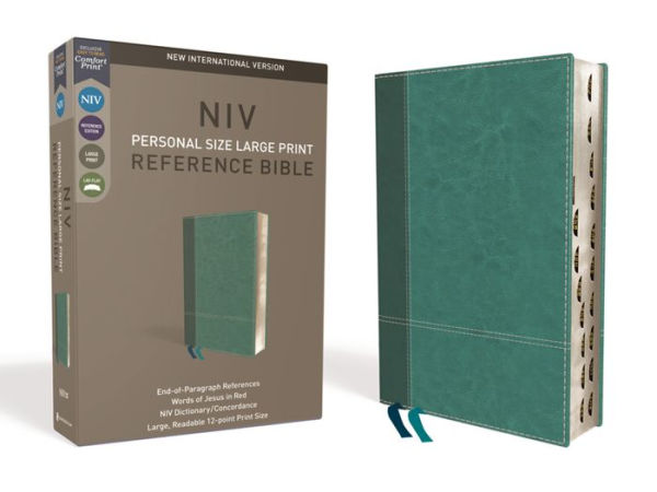 NIV, Personal Size Reference Bible, Large Print, Leathersoft, Teal, Red Letter, Thumb Indexed, Comfort Print