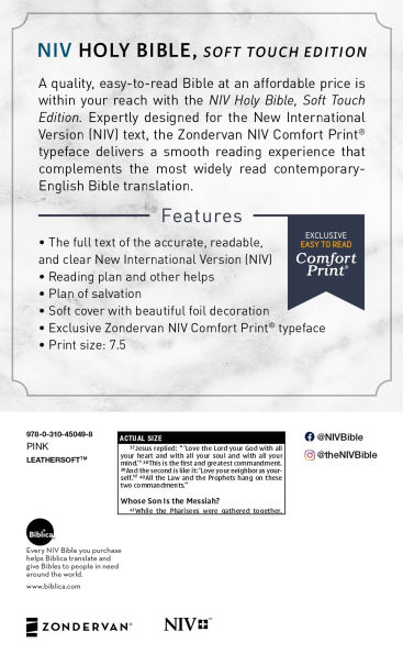 NIV, Holy Bible, Soft Touch Edition, Leathersoft, Pink, Comfort Print