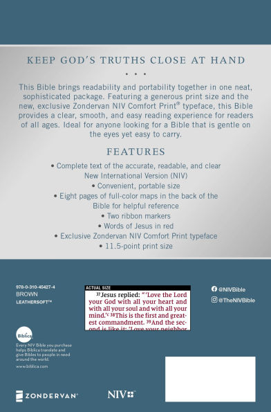 NIV, Personal Size Bible, Large Print, Leathersoft, Brown, Red Letter, Comfort Print