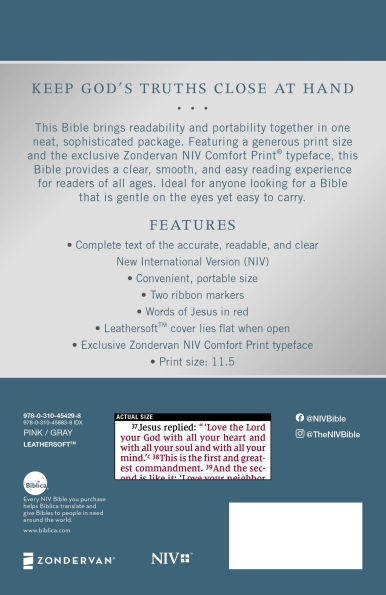 NIV, Personal Size Bible, Large Print, Leathersoft, Pink/Gray, Red Letter, Comfort Print