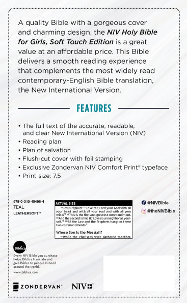 NIV, Holy Bible for Girls, Soft Touch Edition, Leathersoft, Teal, Comfort Print