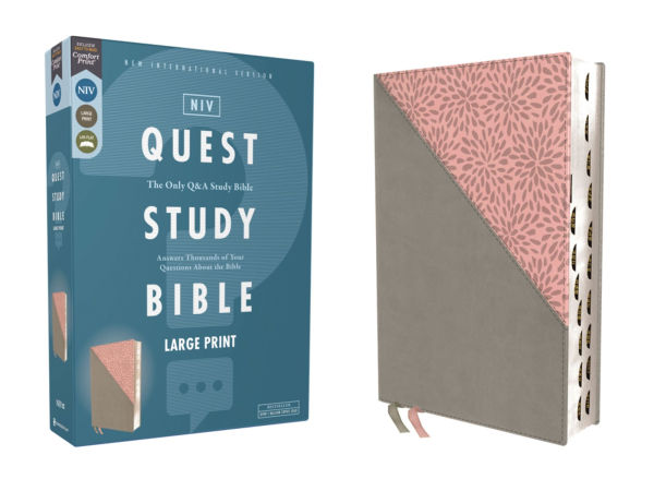 NIV, Quest Study Bible, Large Print, Leathersoft, Gray/Pink, Thumb Indexed, Comfort Print: The Only Q and A Study Bible