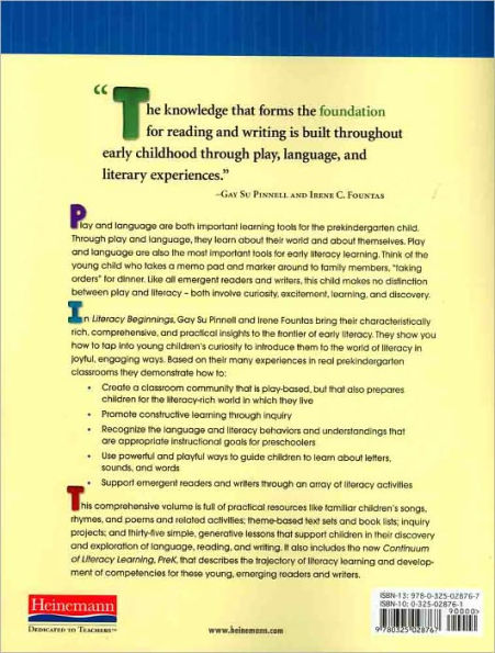 Literacy Beginnings: A Prekindergarten Handbook By Gay Su Pinnell ...