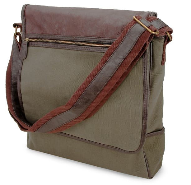Olive Green Vertical Canvas Messenger Bag w/Faux Leather Trim (13