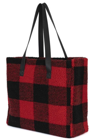 B&N Exclusive Red Buffalo Plaid Sherpa Tote