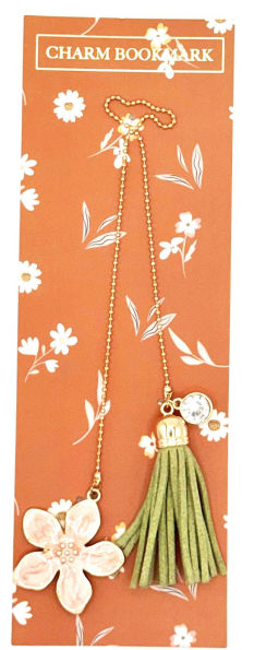 Charm Bookmark Pink Flower Green Tassel