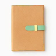 Title: Tan Genuine Leather 6X8 Journal with Aqua Leather Snap and Multicolor Stitching