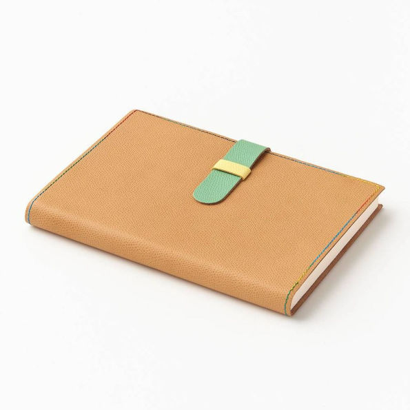 Tan Genuine Leather 6X8 Journal with Aqua Leather Snap and Multicolor Stitching