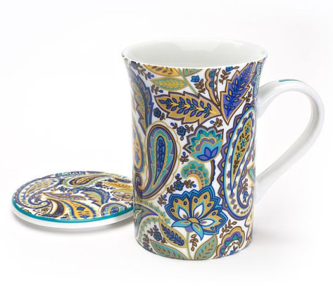 Blue & Turquoise Paisley Mug with Lid in Gift Box, 8 oz.