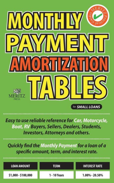 Monthly Payment Amortization Tables for Small Loans: Simple and easy to use reference for car and home buyers and sellers, students, investors, car dealers and attorneys. Quickly find monthly payment required for a loan of a specific amount, term, and int