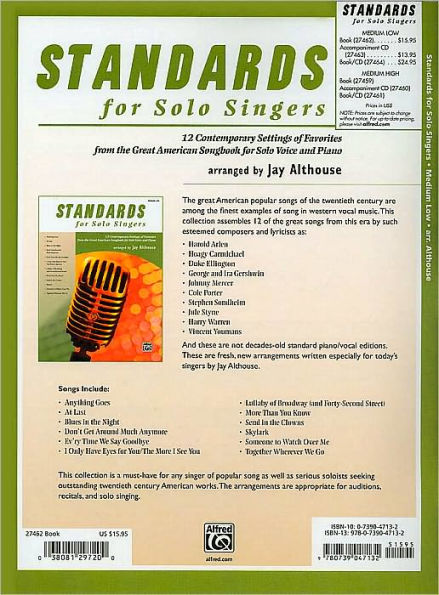 Standards for Solo Singers: 12 Contemporary Settings of Favorites from the Great American Songbook for Solo Voice and Piano (Medium Low Voice)