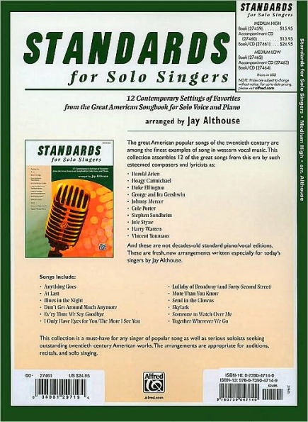 Standards for Solo Singers: 12 Contemporary Settings of Favorites from the Great American Songbook for Solo Voice and Piano (Medium High Voice), Book & CD