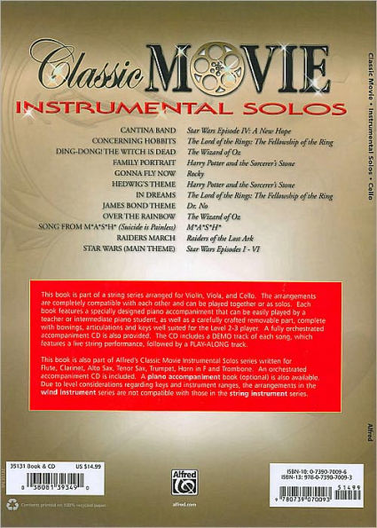 Classic Movie Instrumental Solos for Strings: Cello (Removable Part), Piano Accompaniment