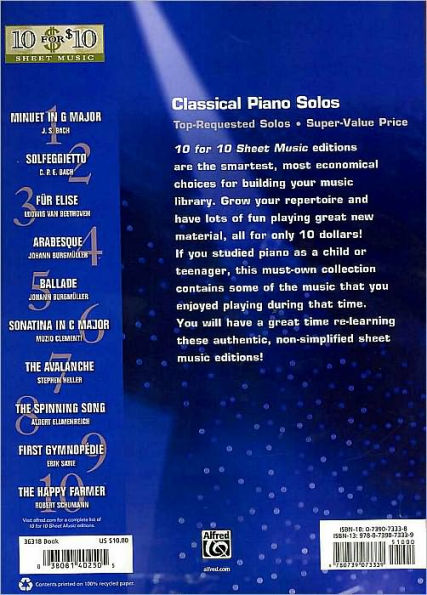 10 for 10 Sheet Music Classical Piano Solos: Piano Solos