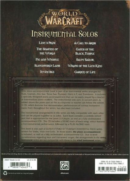 World of Warcraft Instrumental Solos: Piano Acc., Book & CD