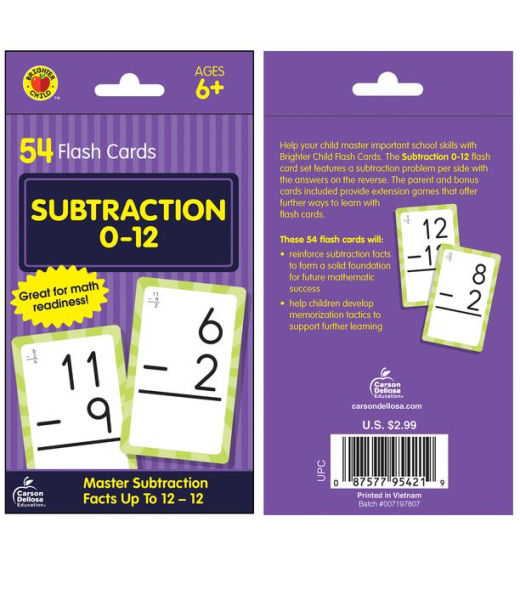 Subtraction 0 to 12 Flash Cards