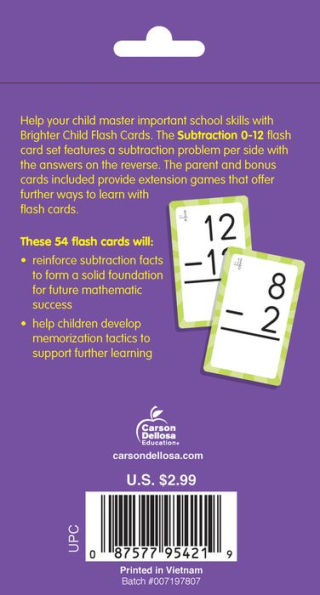 Subtraction 0 to 12 Flash Cards