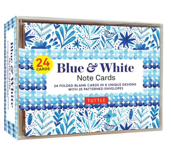 Blue & White Note Cards, 24 Blank Cards: 8 Unique Designs with 25 Patterned Envelopes